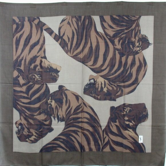 Authentic YVES SAINT LAURENT Tiger print large size scarf wool/silk [Used] - Picture 1 of 9